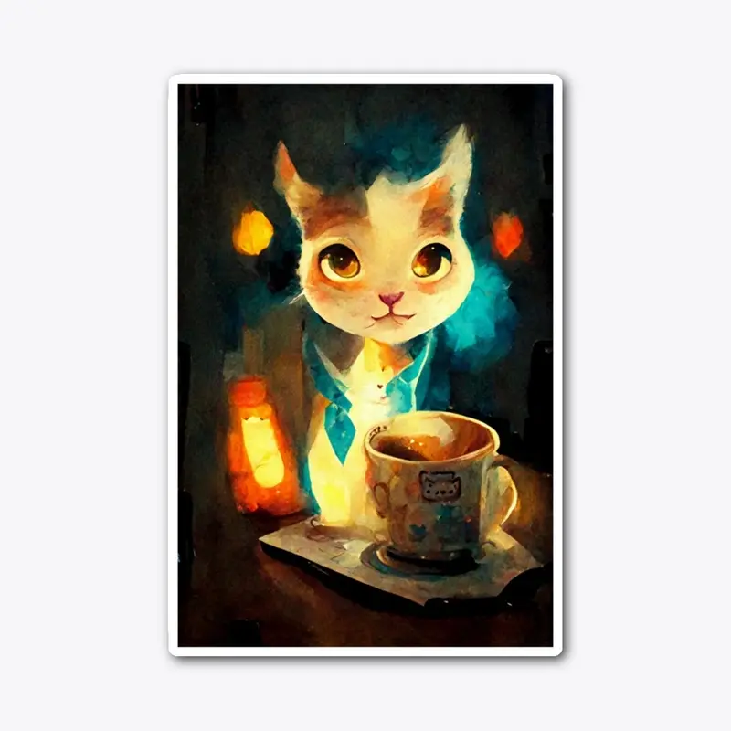 Cute Cat With Coffee Painting