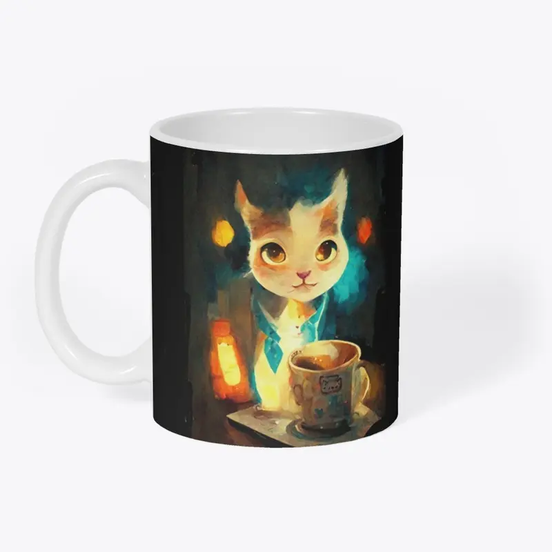 Cute Cat With Coffee Painting