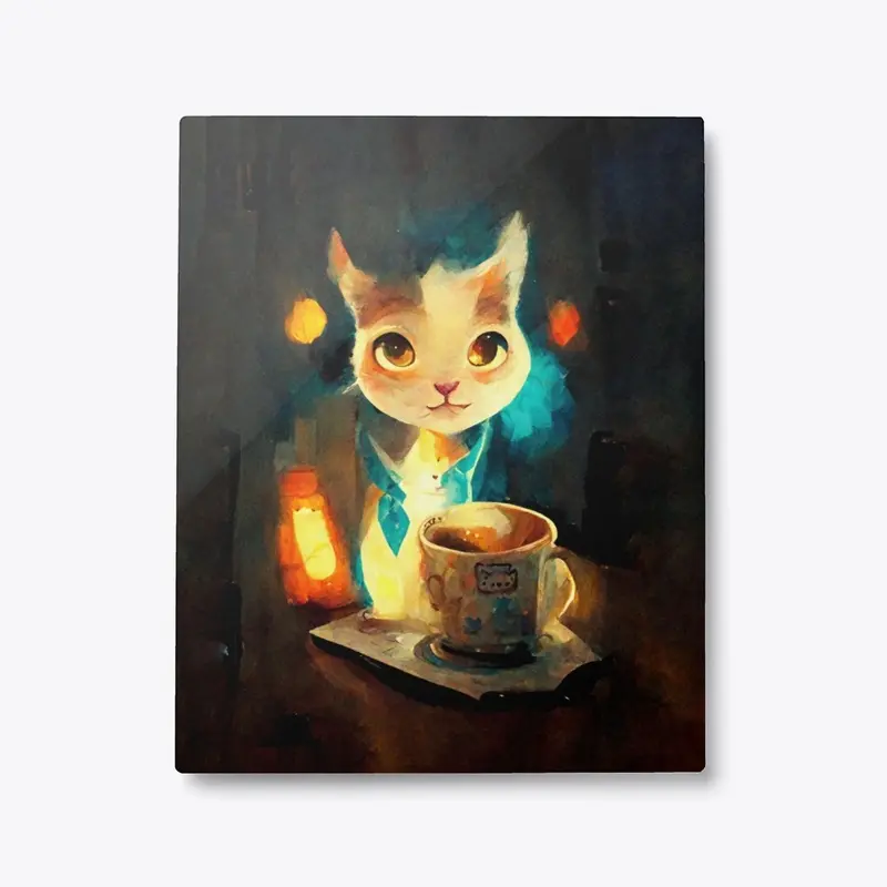 Cute Cat With Coffee Painting