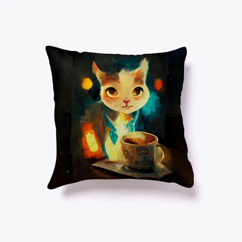 Cute Cat With Coffee Painting