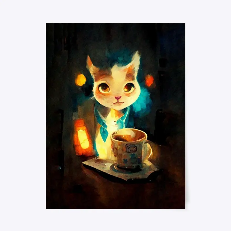 Cute Cat With Coffee Painting